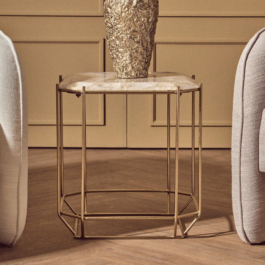 White Octagonal Stone Quartz Top Side Table with Warm Metallic Angular Base, Jaipur