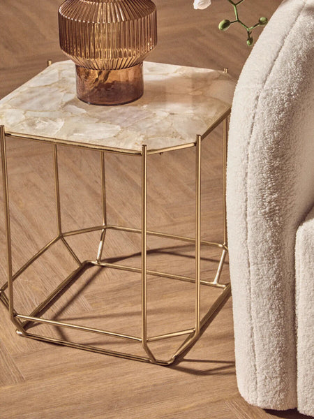 White Octagonal Stone Quartz Top Side Table with Warm Metallic Angular Base, Jaipur