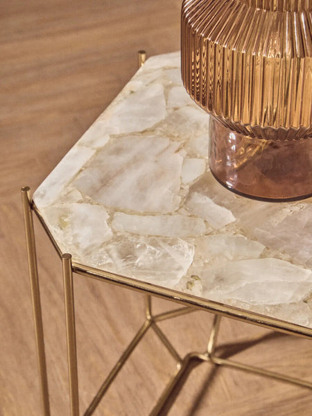 White Octagonal Stone Quartz Top Side Table with Warm Metallic Angular Base, Jaipur