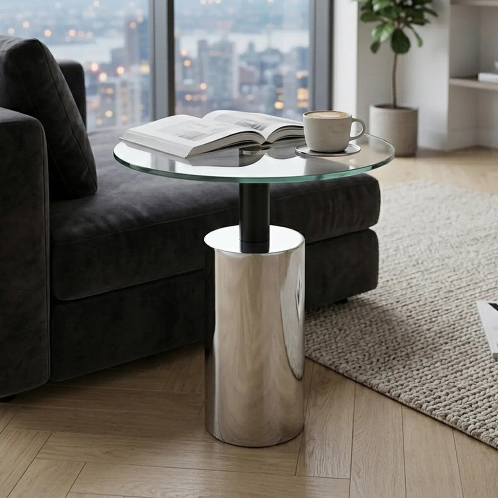 Oria Clear Glass Round Side Table with Silver Finish Base