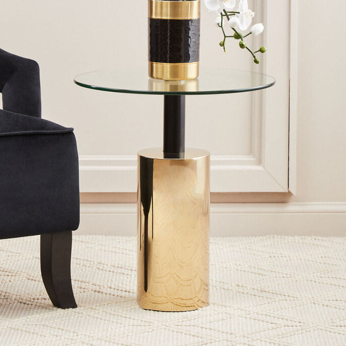 Oria Clear Glass Round Side Table with Gold Finish Base