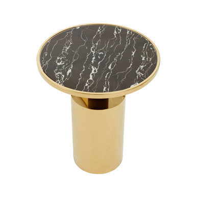 Oria Black Marble Effect Glass Round Side Table with Gold Finish Base