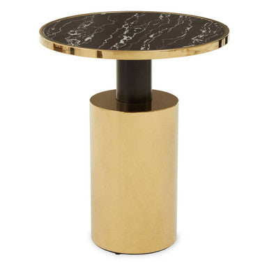 Oria Black Marble Effect Glass Round Side Table with Gold Finish Base