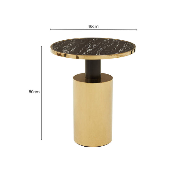 Oria Black Marble Effect Glass Round Side Table with Gold Finish Base