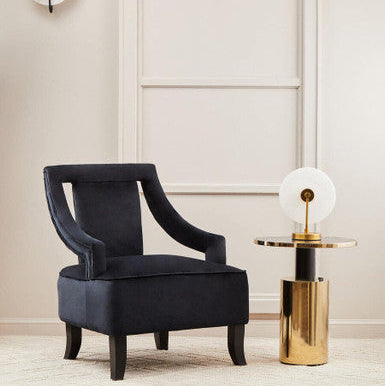 Oria Black Marble Effect Glass Round Side Table with Gold Finish Base