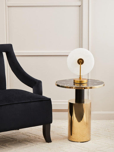 Oria Black Marble Effect Glass Round Side Table with Gold Finish Base