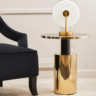 Oria Black Marble Effect Glass Round Side Table with Gold Finish Base