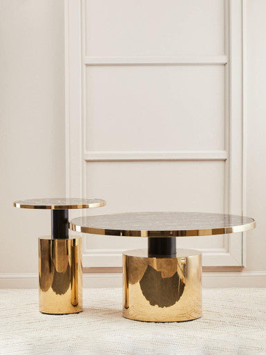 Oria Black Marble Effect Glass Round Side Table with Gold Finish Base