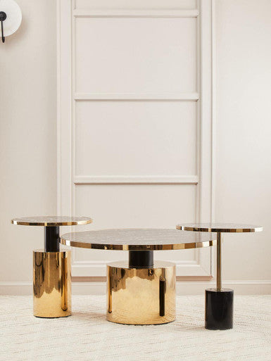 Oria Black Marble Effect Glass Round Side Table with Gold Finish Base