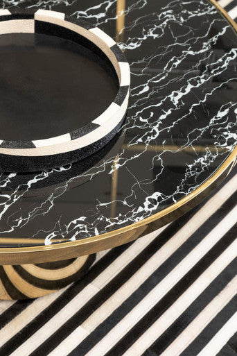 Oria Black Marble Effect Glass Round Coffee Table with Gold Finish Base