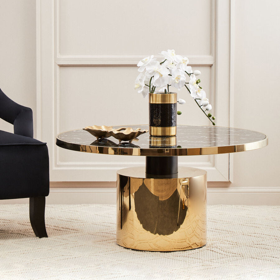 Oria Black Marble Effect Glass Round Coffee Table with Gold Finish Base