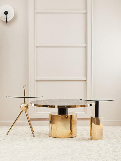 Oria Black Marble Effect Glass Round Coffee Table with Gold Finish Base