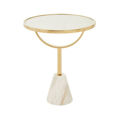 Oria White Glass Round Side Table with Marble Base
