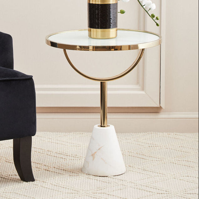 Oria White Glass Round Side Table with Marble Base