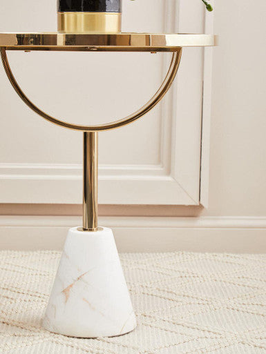Oria White Glass Round Side Table with Marble Base