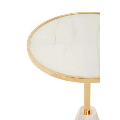 Oria White Glass Round Side Table with Marble Base