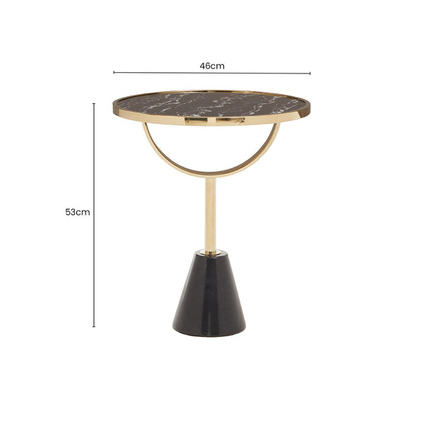 Black Glass Top Side Table with Gold Metal Column and Black Marble Base | Oria