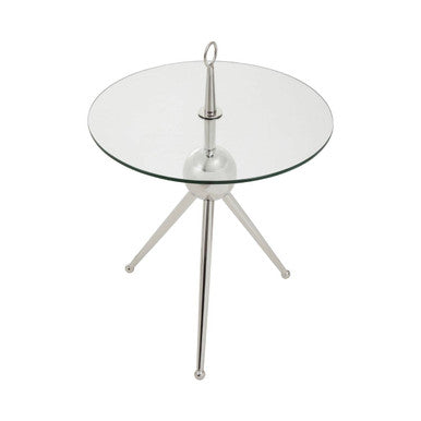 Clear Glass Top Side Table with Silver Stainless Steel Tripod Frame | Oria
