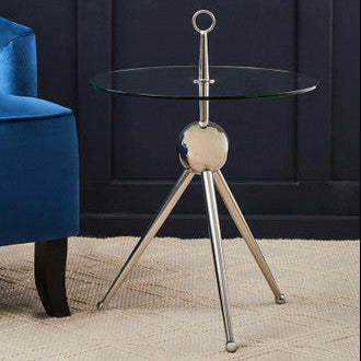 Clear Glass Top Side Table with Silver Stainless Steel Tripod Frame | Oria