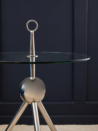 Clear Glass Top Side Table with Silver Stainless Steel Tripod Frame | Oria