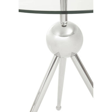 Clear Glass Top Side Table with Silver Stainless Steel Tripod Frame | Oria