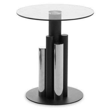 Oria Clear Glass Round Side Table with Silver and Black Base