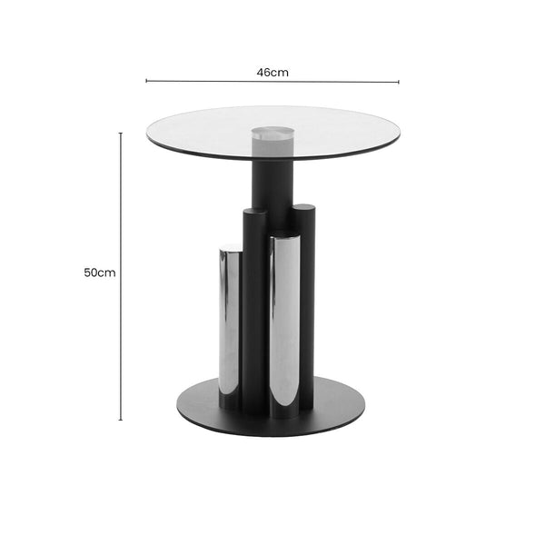 Oria Clear Glass Round Side Table with Silver and Black Base