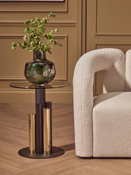 Oria Clear Glass Round Side Table with Gold and Black Base