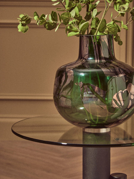 Oria Clear Glass Round Side Table with Gold and Black Base