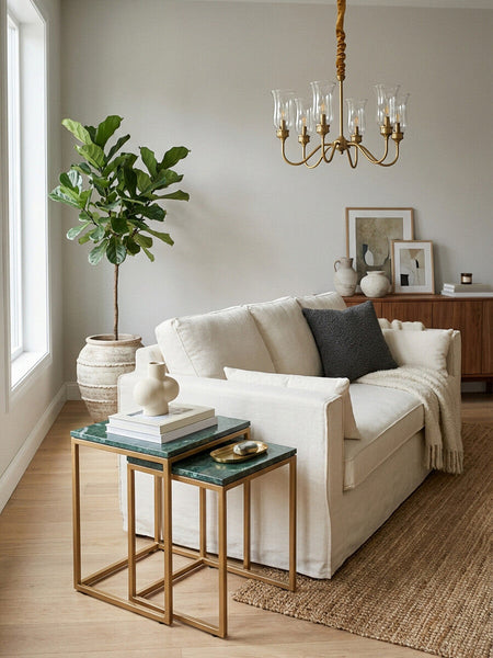 Varana Green Marble and Gold Finish Set of 2 Nesting Tables