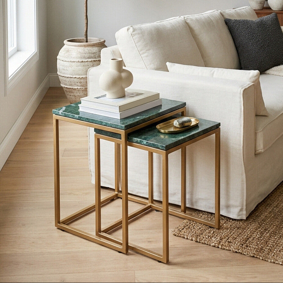 Varana Green Marble and Gold Finish Set of 2 Nesting Tables