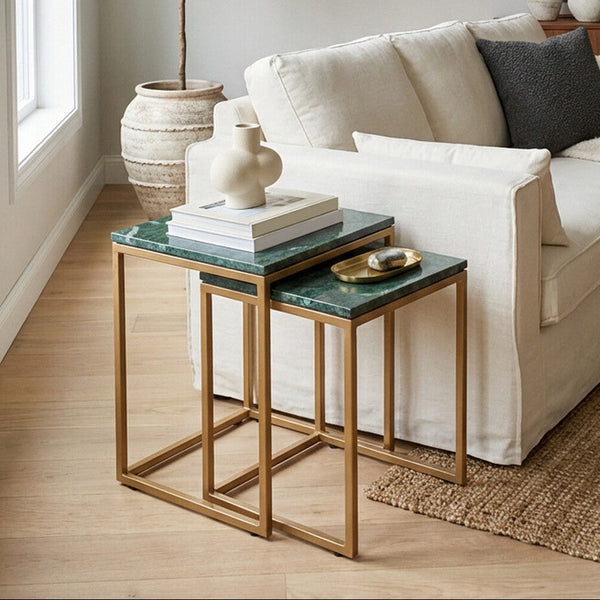 Varana Green Marble and Gold Finish Set of 2 Nesting Tables