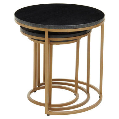 Varana Black Marble and Gold Finish Set of 3 Nesting Round Tables