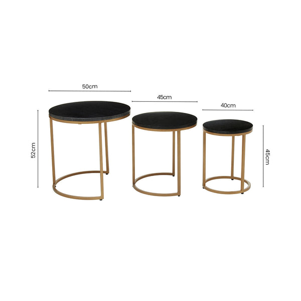 Varana Black Marble and Gold Finish Set of 3 Nesting Round Tables