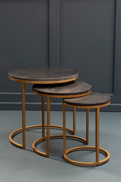 Varana Black Marble and Gold Finish Set of 3 Nesting Round Tables