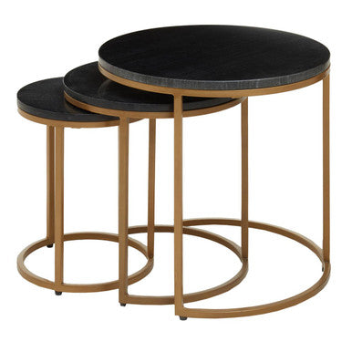 Varana Black Marble and Gold Finish Set of 3 Nesting Round Tables