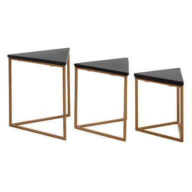 Set of 3 Black Marble Triangular Nesting Tables with Matte Gold Metal Frames | Varana