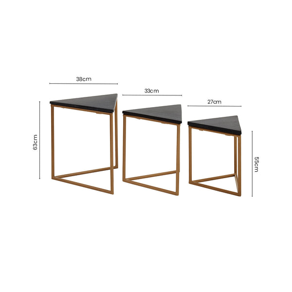 Set of 3 Black Marble Triangular Nesting Tables with Matte Gold Metal Frames | Varana