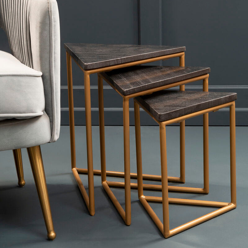 Set of 3 Black Marble Triangular Nesting Tables with Matte Gold Metal Frames | Varana