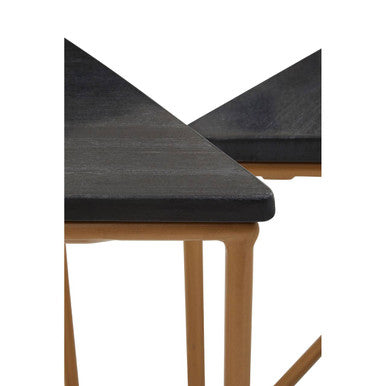 Set of 3 Black Marble Triangular Nesting Tables with Matte Gold Metal Frames | Varana