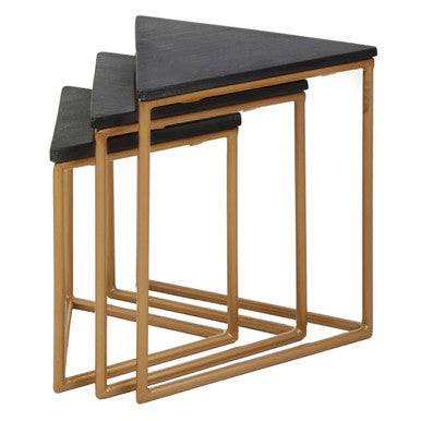 Set of 3 Black Marble Triangular Nesting Tables with Matte Gold Metal Frames | Varana
