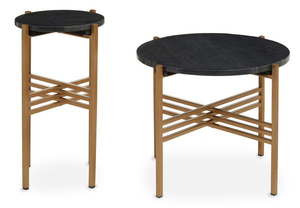 Set of 2 Black Round Marble Top Side Tables with Gold Finish Geometric Metal Bases | Varana