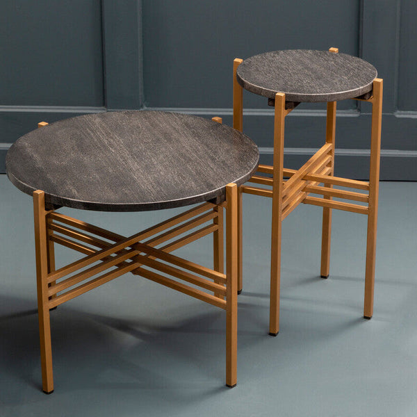 Set of 2 Black Round Marble Top Side Tables with Gold Finish Geometric Metal Bases | Varana