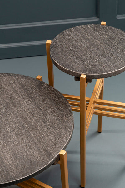 Set of 2 Black Round Marble Top Side Tables with Gold Finish Geometric Metal Bases | Varana