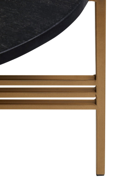 Set of 2 Black Round Marble Top Side Tables with Gold Finish Geometric Metal Bases | Varana