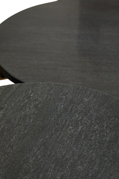 Set of 2 Black Round Marble Top Side Tables with Gold Finish Geometric Metal Bases | Varana