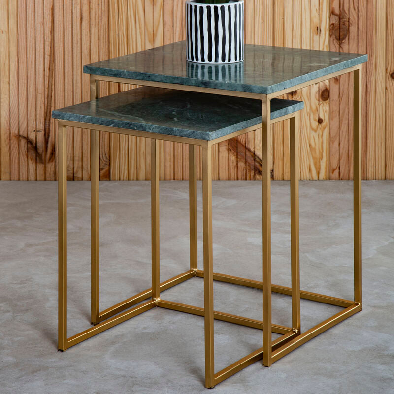 Mandoli Green Marble and Gold Finish Set of 2 Side Tables