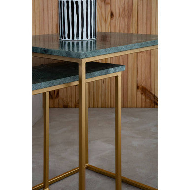 Mandoli Green Marble and Gold Finish Set of 2 Side Tables