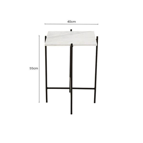 White Marble Square Top Side Table with Sleek Black Iron Base | Mandoli