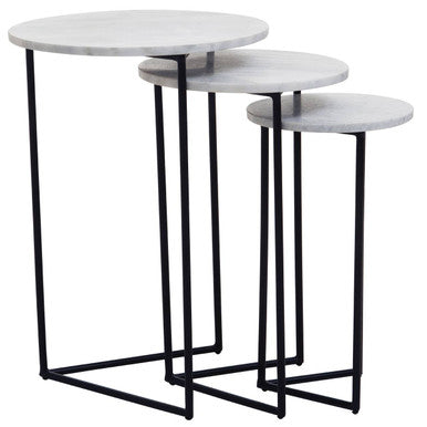 Mandoli White Marble and Black Finish Set of 3 Nesting Tables